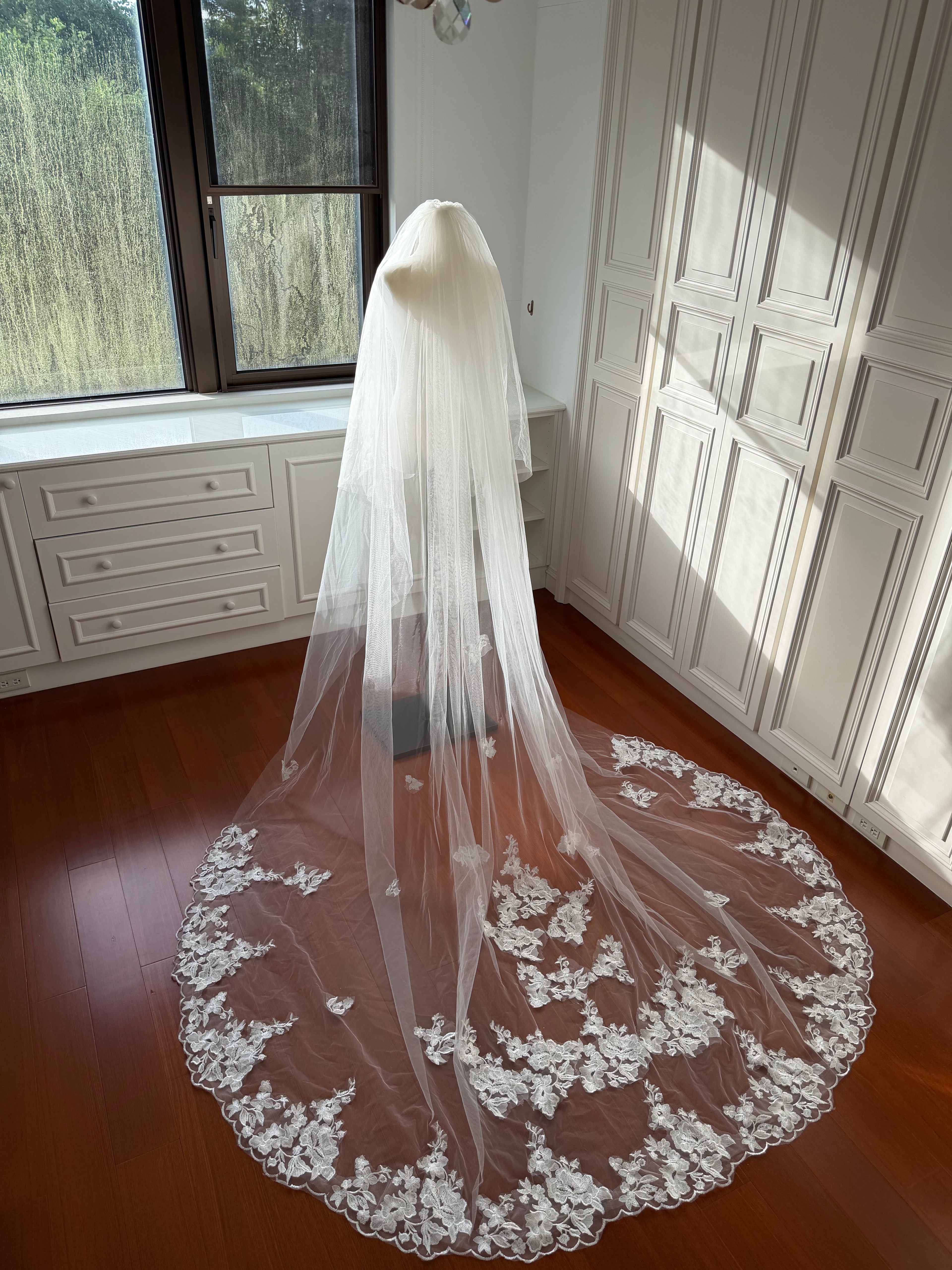 V8 Double Layer Lace Cathedral Veil | Long Lace Wedding Veil for Modern Brides